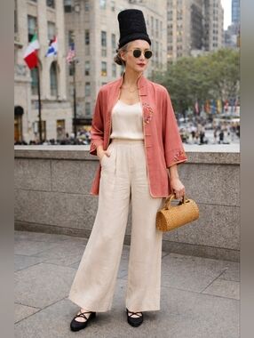 Salmon Pink Statement Silk Mandarin Collar Top Jacket Embroidered M-L